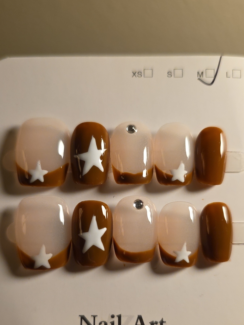 Neutral Brown Star Accent Press-On Nails with White Stars Size Med